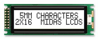 MIDAS DISPLAYS MC21605DC6W-FPTLW-V2 DISPLAY, ALPHANUMERIC, 16X2, WHITE
