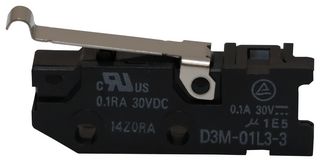 OMRON D3M-01L3-3 MICROSW, SPST, 0.1A, 30VDC, 102GF