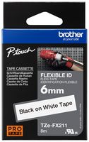 BROTHER TZE-FX211 TAPE, 6MM, BLACK/WHITE, FLEXIBLE