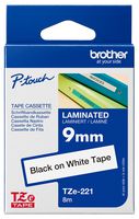BROTHER TZE-221 TAPE, BLACK ON WHITE, 9MM W, 8M L