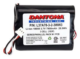 DANTONA INDUSTRIES L37A78-3-2-3WW3 Rechargeable Battery, 3.7 V, Lithium Ion, 7.8 Ah, 18650, Connector, 1