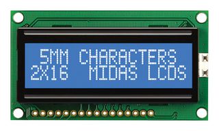 MIDAS DISPLAYS MC21605H6WK-BNMLW-V2 Alphanumeric LCD, 16 x 2, White on Blue, 5V, Parallel, English, Euro, Transmissive