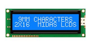 MIDAS DISPLAYS MC21609AB6W-BNMLW-V2 Alphanumeric LCD, 16 x 2, White on Blue, 5V, Parallel, English, Japanese, Transmissive