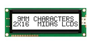 MIDAS DISPLAYS MC21609AB6W-FPTLW-V2 Alphanumeric LCD, 16 x 2, Black on White, 5V, Parallel, English, Japanese, Transflective