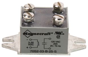 SCHNEIDER ELECTRIC/LEGACY RELAY 70S2-03-B-25-S Solid State Relay, SPST-NO, 25 A, 140 VAC, Panel Mount, Screw, Zero Crossing