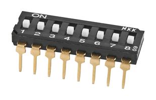 NKK SWITCHES JS0108AP4 DIP / SIP Switch, Ultra Miniature, 8 Circuits, Raised Slide, Through Hole, SPST, 24 V, 25 mA