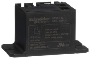 SCHNEIDER ELECTRIC/LEGACY RELAY 9AS3D12 Power Relay, SPST-NO, 12 VDC, 30 A, Harmony 9A Series, Panel Mount, Non Latching