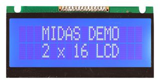 MIDAS DISPLAYS MC21605FA6WE-BNMLW Alphanumeric LCD, 16 x 2, White on Blue, 5V, Parallel, English, Euro, Transflective