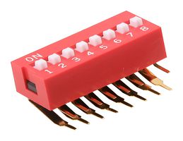 E-SWITCH KAS2108ET DIP / SIP Switch, 8 Circuits, Slide, Through Hole, Right Angle, SPST-NO, 24 V, 25 mA