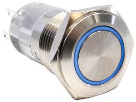 E-SWITCH PV16F2B0SS-343 Vandal Resistant Switch, Ring Illuminated/6 V LED24, PV16 Series, 16 mm, SPDT, On-(On), Round Flat