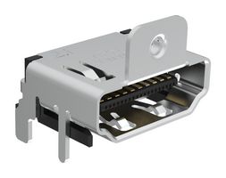 AMPHENOL COMMUNICATIONS SOLUTIONS G45AA1912110RH1HR HDMI Connector, w/ Flange Screw Lock, 19 Contacts, Receptacle, PCB Mount, Surface Mount Right Angle