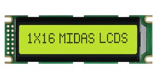 MIDAS DISPLAYS MC11606C6WK-SPTLY LCD Alfanumérico, 16 x 1, Negro sobre Amarillo / Verde, 5 V, Paralelo, Inglés, Europeo