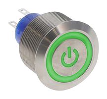 E-SWITCH ULV8F23SS635 Vandal Resistant Switch, RI/PI, 24V LED, ULV8 Series, 0.98 ", SPDT, On-On, Round Flat, Natural