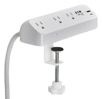 EATON TRIPP LITE TLP308U20CLAMP Surge Protector, Desk Clamp, White, 3 Outlets, NEMA 5-15R, 15 A, 120 V, NEMA 5-15P, 8 ft