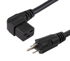 L-COM PCS02R2-BLK-6F Mains Power Cord, NEMA 5-15P to 90  IEC 60320 C19, 1.83 m, 15 A, 125 V, Black, PCS02R2 Series