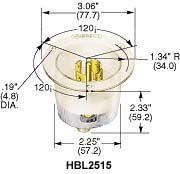 HUBBELL WIRING DEVICES HBL2525 Power Entry Connector, Power Entry, 20 A, White, Nylon (Polyamide) Body, 480 V