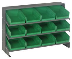 QUANTUM STORAGE QPRHA-107GN Shelving Unit, 3 Shelves, 12 Bins, Green, 23 " X 12.5 " X 36 "