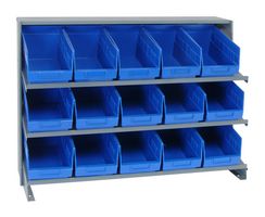 QUANTUM STORAGE QPRHA-202BL Shelving Unit, 3 Shelves, 15 Bins, Blue, 26.5 " X 12 " X 36 "