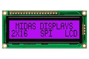 MIDAS DISPLAYS MD21605G6W1-FPTLRGBS LCD Alfanumérico, 16 x 2, Negro sobre RGB, 5 V, SPI, Inglés, Japonés, Transflectivo