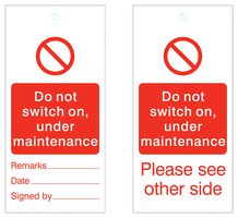 DURATOOL DT000277 Safety Label, Tag, Red on White, Do Not Switch On Under Maintenance, Punched Hole, 75 mm x 158 mm