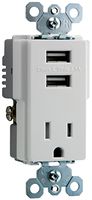 LEGRAND PASS & SEYMOUR TM8USBWCC6 USB Charger Receptacle, Tamper-Resistant, 2.1 A, 5 V, USB 2.0, 3.0, 2 Ports