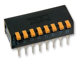 OMRON ELECTRONIC COMPONENTS A6DR-8100 Interruptor DIP / SIP, Tecla Tipo Piano, 8 Circuitos, Tecla de Piano, Through Hole, SPST, 24 V