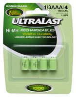 ULTRALAST ULNMH413AAASL Rechargeable Battery, 1.2 V, Nickel Metal Hydride, 150 mAh, Raised Positive and Flat Negative, 4