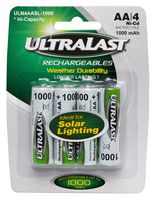 ULTRALAST ULN4AASL-1000 Rechargeable Battery, 1.2 V, Nickel Cadmium, 1 Ah, Raised Positive and Flat Negative, 4