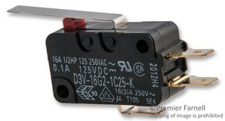 OMRON ELECTRONIC COMPONENTS D3V-16G3-1C25-K Interruptor Microswitch, Miniature, Palanca Larga con Bisagra, SPDT, Conexión Rápida, 16 A