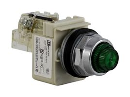 SCHNEIDER ELECTRIC 9001KT1G31 Incandescent Lamp, Push-to-Test, Green, BA9s, 30 mm, 120 VAC, Round with Flat Top