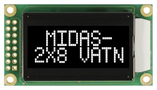 MIDAS DISPLAYS MC20805A12W-VNMLW Alphanumeric LCD, 8 x 2, White on Black, 5V, Parallel, English, Japanese, Transmissive