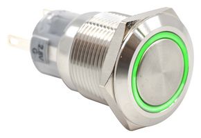 E-SWITCH PV4F2B0SS-335 Vandal Resistant Switch, Ring Illumination/24V LED, PV4 Series, 19 mm, SPDT, On-(On), Round Flat