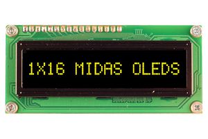MIDAS DISPLAYS MCOB11605BV-EYP Alphanumeric OLED, 16 x 1, Yellow on Black, 5V, Parallel, Multi, 5.55 mm