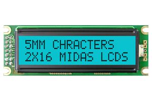 MIDAS DISPLAYS MD21605D6W-FPTLRGB Alphanumeric LCD, 16 x 2, Black on RGB, 5V, Parallel, English, Japanese, Transflective
