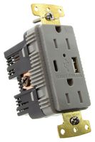 HUBBELL WIRING DEVICES USB15AC5GYWR USB Charger Receptacle, 15 A, 125 V, USB 1.1, 2.0, 3.0, 2 Ports, USB Type A, USB Type C