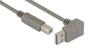 L-COM CA90DA-B-2M USB Cable, 90° Type A Plug to Type B Plug, 2 m, 6.6 ft, USB 2.0, Gray