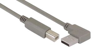 L-COM CA90LA-B-075M USB Cable, 90° Type A Plug to Type B Plug, 750 mm, 29.5 ", USB 2.0, Gray