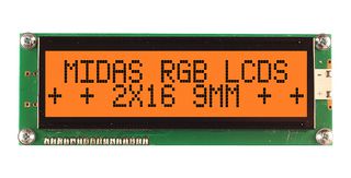 MIDAS DISPLAYS MD21609A6W-FPTLRGB Alphanumeric LCD, 16 x 2, Black on RGB, 5V, Transflective
