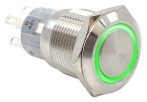 E-SWITCH PV4F2G0SS-335 Vandal Resistant Switch, Ring Illumination/24V LED, PV4 Series, 19 mm, DPDT, On-On, Round Flat