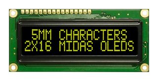 MIDAS DISPLAYS MCOB21605G1V-EYP Alphanumeric OLED, 16 x 2, Yellow on Black, 3.3V to 5V, Parallel
