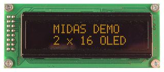MIDAS DISPLAYS MCOB21605B1V-EYP Alphanumeric OLED, 16 x 2, Yellow on Black, 3.3V to 5V, Parallel