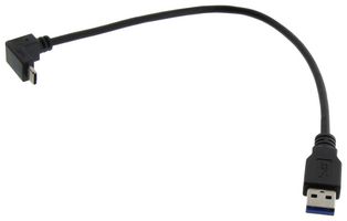 L-COM U3A00077-03M USB Cable, Type A Plug to 90° Type C Plug, 300 mm, 11.8 ", USB 3.0, Black
