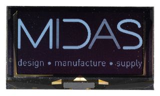 MIDAS DISPLAYS MDOG256128AV-WM OLED de Gráficos, 256 x 128 Pixels, Blanco sobre Negro, 3 V, I2C, Paralelo, SPI, 71.86mm x 73mm