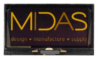 MIDAS DISPLAYS MDOG256128AV-YM Graphic OLED, 256 x 128 Pixels, Yellow on Black, 3V, I2C, Parallel, SPI, 41.86mm x 73mm, -40 °C