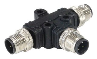 BULGIN LIMITED PXPPVC12TSMM04AFIIFI Sensor Splitter, T - Style, Panel Mount, 4 Position M12 Plug, 2 x 4 Position M12 Plug, Black