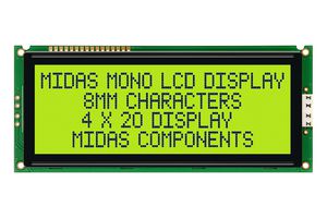 MIDAS DISPLAYS MC42008A6W-SPTLY Alphanumeric LCD, 20 x 4, Black on Yellow / Green, 5V, Parallel, English, Japanese, Transflective