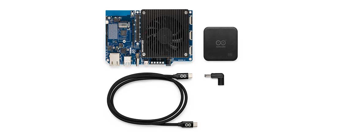 Arduino VENTUNO Q (ABX00181) board with heatsink, power supply, barrel adapter and USB-C cable