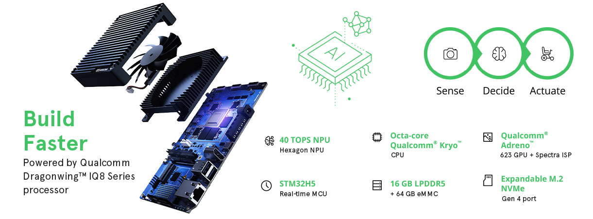 Exploded view of Arduino VENTUNO Q (ABX00181) showing heatsink and board, powered by Qualcomm Dragonwing IQ8 with 40 TOPS NPU