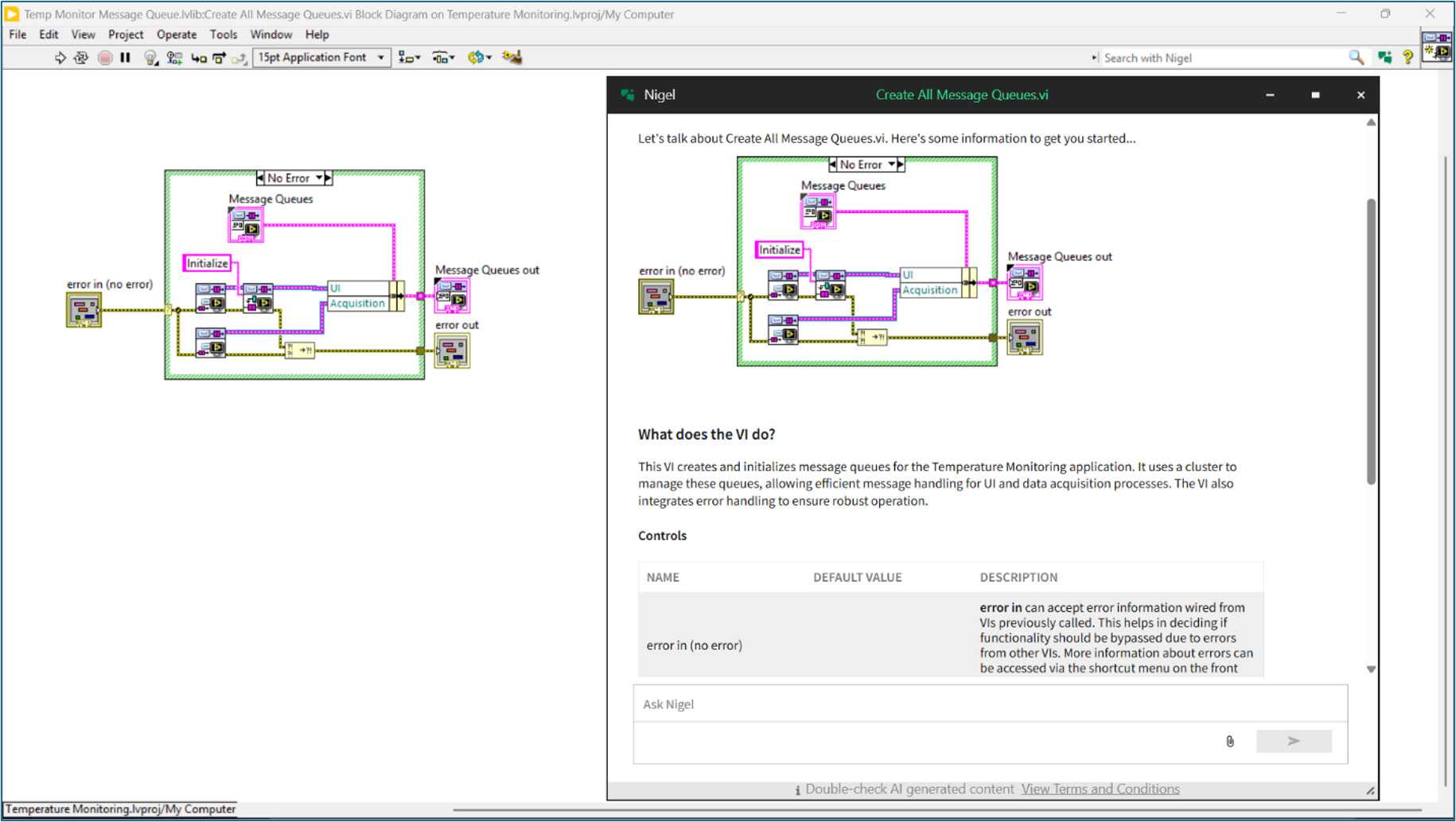Image of VI Description with Nigel AI Advisor in LabVIEW.