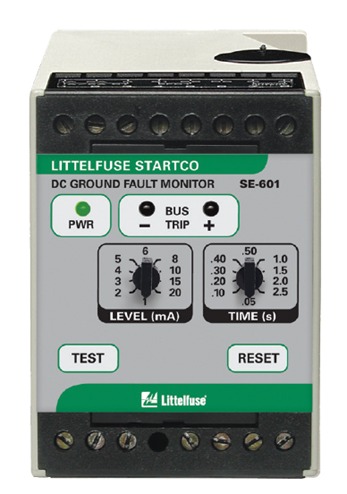 The SE-601 DC ground-fault monitor provides sensitive, fast ground-fault protection with nuisance tripping. Ground-fault current is sensed using an SE-GRM series ground-reference module—a resistor network that limits ground-fault current to 25 mA. The SE-GRM allows an SE-601 to be connected to systems up to 1200 Vdc and potentially higher.